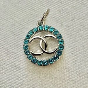 CHANEL Silver Blue Crystals Pendant, Charm, Interlocking CC Logo, Necklace